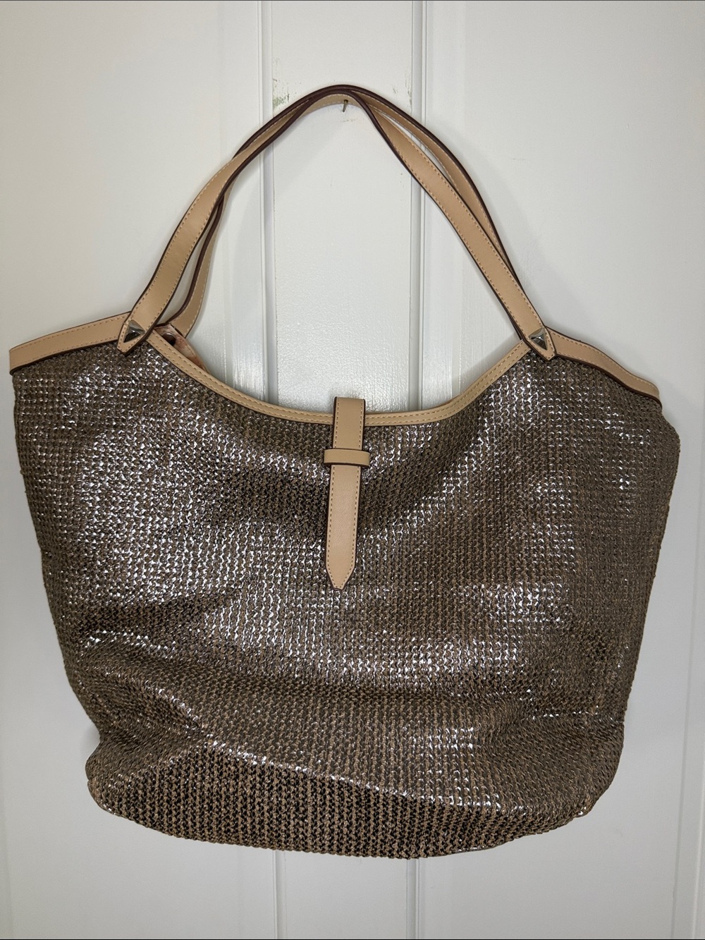 Stella & Dot Metallic Taupe Woven Tote with Beige Trim